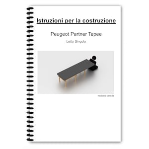 May include: Instructions for building a single bed for a Peugeot Partner Tepee. The image shows a 3D rendering of a bed frame with a black mattress and a person sitting on the bed.