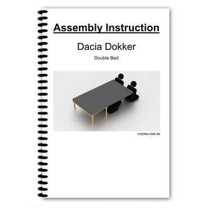 Op de afbeelding: Montage-instructies voor een tweepersoonsbed dat in een Dacia Dokker kan worden gemonteerd. De instructies bevatten een diagram dat het gemonteerde bed toont met twee personen die erop zitten.