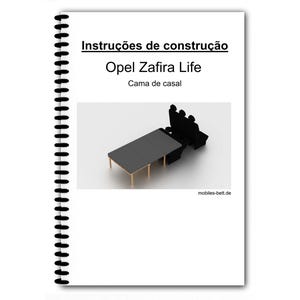 Könnte beinhalten: Ein spiralgebundenes Handbuch mit dem Titel "Instruções de construção Opel Zafira Life Cama de casal." Das Bild zeigt ein 3D-Rendering eines schwarzen Bettrahmens mit einem Tisch und einem schwarzen Sofa.
