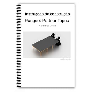 May include: A spiral-bound booklet with the title "Instruções de construção" and "Peugeot Partner Tepee". The image shows a 3D rendering of a dark grey table with two black figures seated at it. The text "Cama de casal" is also visible.