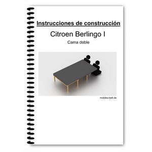 May include: A spiral-bound booklet with the title "Instrucciones de construcción" and the text "Citroen Berlingo I Cama doble." The image shows a grey table with two black figures seated at it. The website address "mobiles-bett.de" is visible.