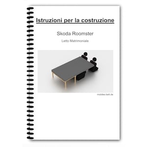 May include: Instructions for building a bed frame using the seats of a Skoda Roomster. The image shows a gray bed frame with wooden legs and two black seats.