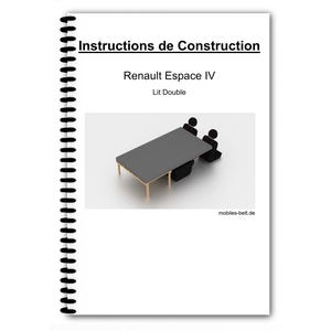 May include: Instructions for building a double bed in a Renault Espace IV. The image shows a 3D rendering of a bed frame made from wood and a grey mattress. Two black stick figures are sitting on the bed.