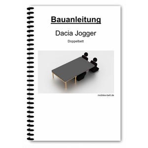 Peut inclure: Une illustration en noir et blanc d'un cadre de lit avec deux personnages assis dessus. Le texte "Bauanleitung Dacia Jogger Doppelbett" est en haut de la page. Le texte "mobiles-bett.de" est en bas de la page.