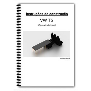 以下が含まれることがあります： 「Instruções de construção」と「VW T5 Cama individual」というタイトルが付いた、スパイラル綴じの説明書。画像には、ベッドフレームと座席の3Dモデルが表示されています。ウェブサイトアドレスmobiles-bett.deが表示されています。