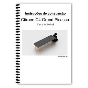 May include: A spiral-bound instruction manual with the title "Instruções de construção Citroen C4 Grand Picasso" and the words "Cama individual". The image shows a 3D rendering of a bed with a person sitting on it.