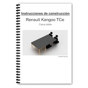 Könnte beinhalten: Ein spiralgebundenes Handbuch mit dem Titel "Instrucciones de construcción" und dem Text "Renault Kangoo TCe Cama doble". Das Bild zeigt ein 3D-Rendering eines grauen Tisches mit zwei schwarzen Figuren.