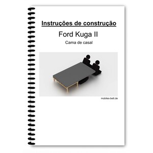 May include: A white spiral-bound manual with the title "Instruções de construção" and "Ford Kuga II". The image shows a gray bed with two stick figures. The website "mobiles-bett.de" is visible at the bottom.