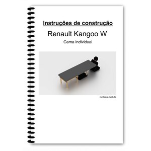 Op de afbeelding: Een spiraalgebonden instructiehandleiding met de titel "Instruções de construção" en de tekst "Renault Kangoo W Cama individual." De afbeelding toont een zwarte tafel met een persoon die op een zwarte stoel zit.