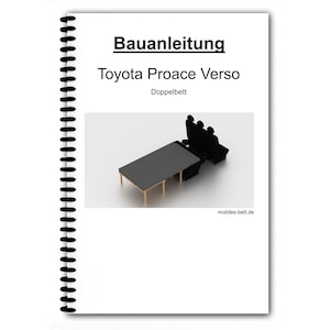 Könnte beinhalten: Eine Schwarzweißillustration eines im Toyota Proace Verso eingebauten Bettgestells. Das Bettgestell ist aus Holz und hat eine graue Matratze. Der Text "Bauanleitung Toyota Proace Verso Doppelbett" befindet sich oben im Bild. Der Text "mobiles-bett.de" befindet sich unten im Bild.