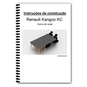 May include: A spiral-bound instruction manual with the text "Instruções de construção" and "Renault Kangoo KC". The image shows a grey table with two black figures seated at it. The text "Cama de casal" is also visible.