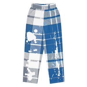 Blue Paint-Splatter Plaid Joggers – All-Over Print Unisex Wide-Leg Pants