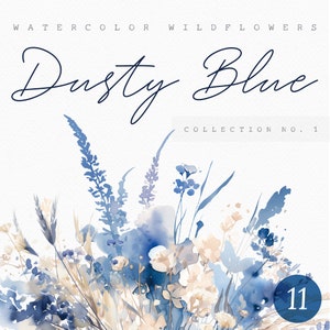 Staubig Blau Aquarell Clipart Set - Aquarell Blumen Clipart - Aquarell Staubig Blau - Staubig Blau Clipart - Blaue Blumen - Blaue Wildblumen