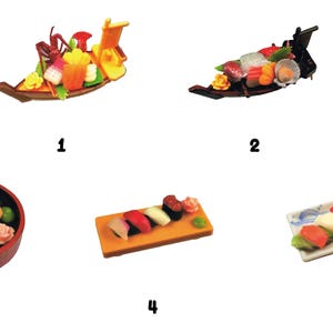 1 Lobster sashimi boat 
2 Luxurious sea bream sashimi boat 
3 Sushi in a wooden tub
4 Sushi on a wooden stand
5 Edo-style sushi