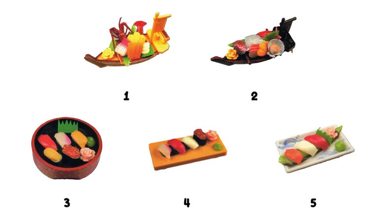 1 Lobster sashimi boat 
2 Luxurious sea bream sashimi boat 
3 Sushi in a wooden tub
4 Sushi on a wooden stand
5 Edo-style sushi