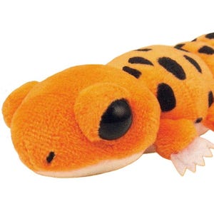 May include: Orange plush toy lizard with black spots and large black eyes. The toy has a white underbelly and small white claws. The lizard is a soft, stuffed animal.