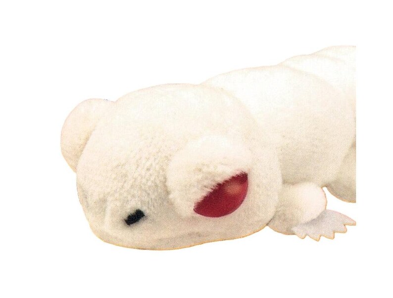 May include: A white plush toy caterpillar with a red eye and small black dot. The caterpillar has a soft, fuzzy texture and a segmented body. The toy has small, white, claw-like feet.