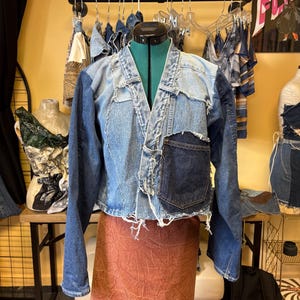 Reworked Denim Jacket, Scrap Jacket, Denim patchwork lightweight jacket, Fall Jean coat for women, Blue Jean Cropped style