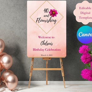 Pink 40th Birthday Welcome Sign, 40 and Flourishing, 20 x 30, Digital Printable Poster, Customizable Canva Digital Template
