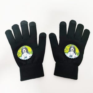 Peut inclure: Une paire de gants en tricot noir avec une petite image colorée d'un chien sur chaque gant.