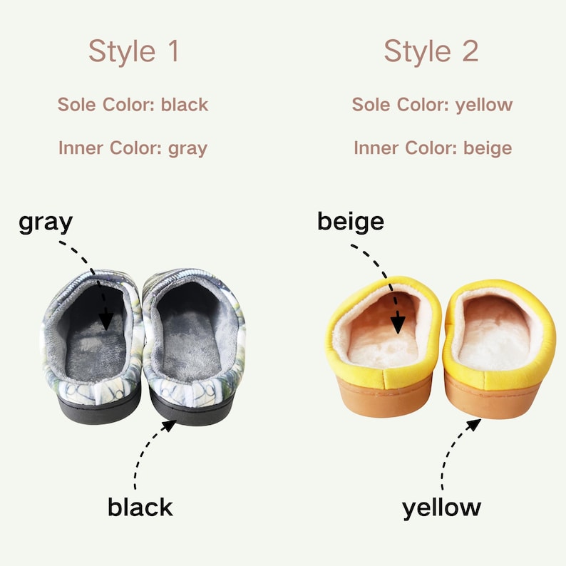 May include: Two pairs of indoor slippers are displayed. Style 1 has a black sole and gray inner lining. Style 2 features a yellow sole and beige inner lining. The image includes text indicating the sole and inner color.