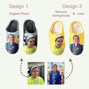 May include: Two pairs of personalized slippers. Design 1 features gray and black slippers with a photo print. Design 2 shows yellow slippers with a photo print. The slippers have a soft, plush interior.