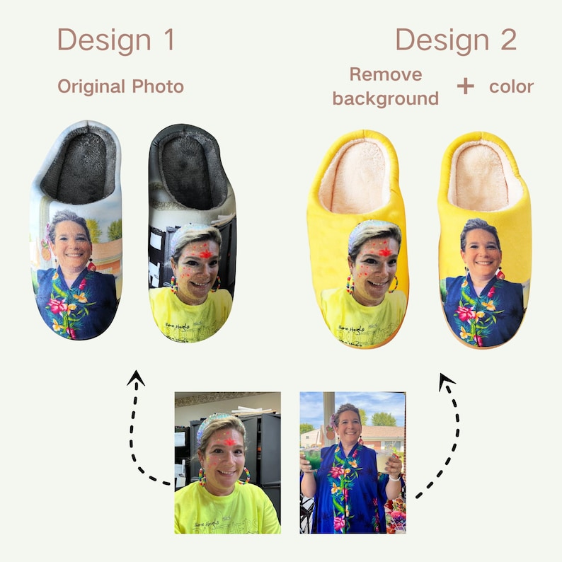May include: Two pairs of personalized slippers. Design 1 features gray and black slippers with a photo print. Design 2 shows yellow slippers with a photo print. The slippers have a soft, plush interior.