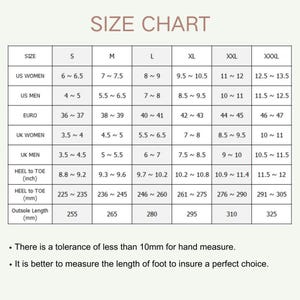 May include: A shoe size chart with measurements for US Women, US Men, Euro, UK Women, and UK Men. Includes heel-to-toe measurements in inches and millimeters, and outsole length in millimeters. The chart is in a light beige color.