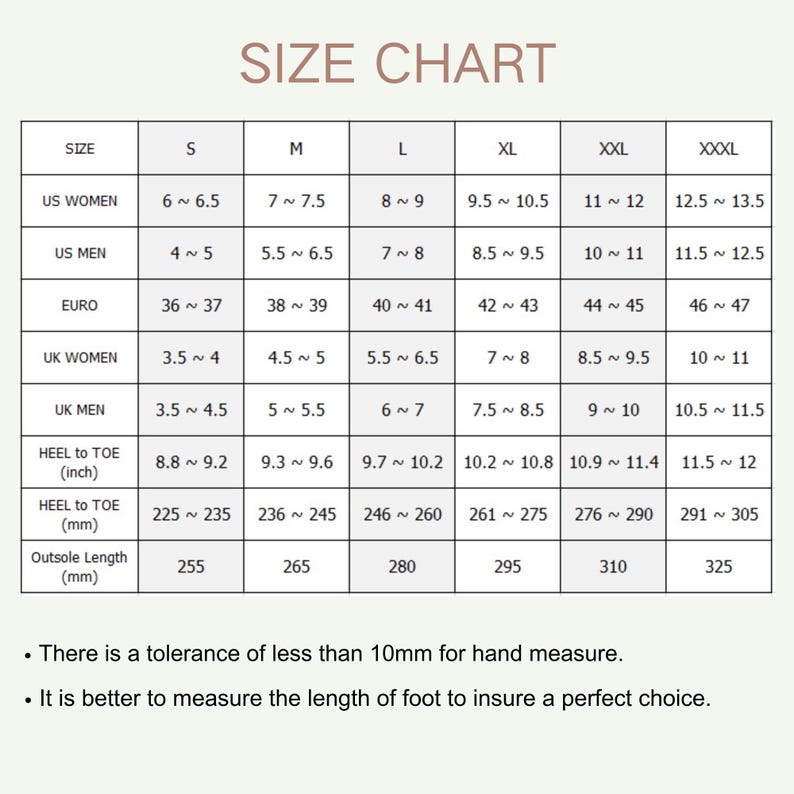May include: A shoe size chart with measurements for US Women, US Men, Euro, UK Women, and UK Men. Includes heel-to-toe measurements in inches and millimeters, and outsole length in millimeters. The chart is in a light beige color.