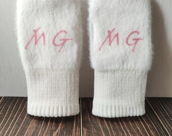 Guantes esponjosos sin dedos personalizados, manopla de felpa blanca personalizada con nombre, regalo de invierno, día de San Valentín