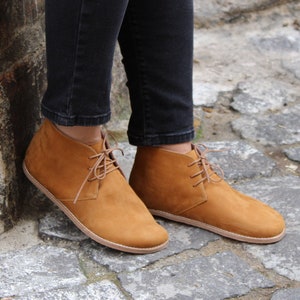 Dames Blote voeten TAN ENKELLAARS Nubuck halfhoge laarzen dames, blootsvoets leer, natuurlijk, winterhalflaarzen, leren binnenzool, Eva-loopzool