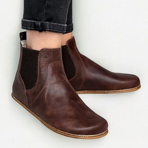 Dames blootsvoets BRUINE CHELSEA-laars bruin gek, dames blootsvoetslaarzen, flexibele brede neus, handgemaakte laarzen, laars voor de winter, minimalistische chelsea