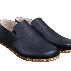 Men Barefoot Black Slip-On Leather Shoes, barefoot shoes, Wide Toe Box, yemeni, Handmade, feelground shoes, Zero Drop, Comfotable Shoes