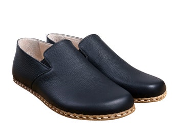 Men Barefoot Black Slip-On Leather Shoes, barefoot shoes, Wide Toe Box, yemeni, Handmade, feelground shoes, Zero Drop, Comfotable Shoes