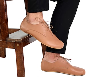Men Zero Drop Oxford LIGHT TAN SMOOTH Leather, Barefoot Handmade Shoes, Natural, Comfortable, Slip-On 5mm Rubber Outsole, Feelground shoes