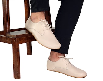 MEN Zero Drop Oxford CREAM SMOOTH Leather, Barefoot Handmade Shoes, Natural, Comfortable, Slip-On 5mm Rubber Outsole, Feelground shoes