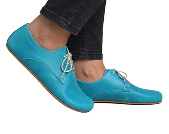 MÄNNER Zero Drop Oxford BLUE SMOOTH Leder, barfuß handgefertigte Schuhe, natürlich, bequem, Slip-On 5mm Gummilaufsohle, Feelground Schuhe