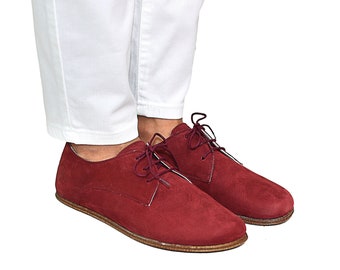 Frauen Zero Drop Oxford Barfuß BURGUNDY NUBUCK Leder handgefertigte Schuhe, natürlich, bunt, Oxford Büffelleder-Außensohle, bequeme Schuhe