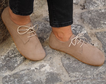 Mujer Zero Drop Oxford Descalzo CREMA NUBUCK Zapatos hechos a mano de cuero, Natural, Colorido, Suela de goma Oxford de 5 mm, Zapatos cómodos