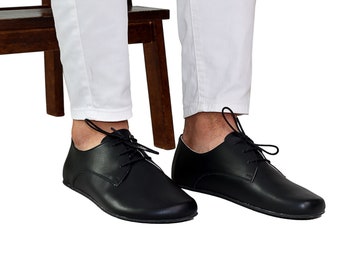 MEN Zero Drop Oxford BLACK SMOOTH Leather, Barefoot Handmade Shoes, Natural, Comfortable, Slip-On 5mm Rubber Outsole, Feelground shoes