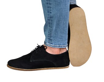 Men Zero Drop Oxford Barefoot BLACK NUBUCK Leather Handmade Shoes, Natural, Colorful, Oxford Buffalo Leather Outsole, Comfortable Shoes