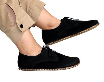 Men Zero Drop Oxford Barefoot BLACK NUBUCK Leather Handmade Shoes, Natural, Colorful, Oxford Buffalo Leather Outsole, Comfortable Shoes