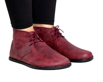 Women Barefoot BURGUNDY ANKLE BOOT Crazy Women Half Boots, Barefoot Leather, Natural, Winter Half Boots, Leather Insole, Eva Outsole