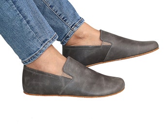 Women Barefoot GRAY SLIP-ON Crazy Leather Shoes, barefoot shoes, Wide Toe Box, Handmade, feelground shoes, Zero Drop