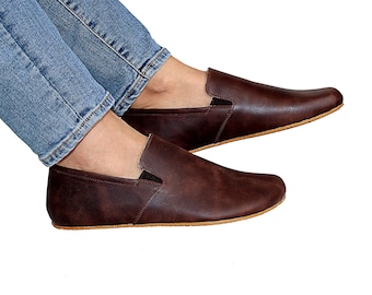 Femmes Barefoot BROWN SLIP-ON Crazy Leather Shoes, chaussures pieds nus, Wide Toe Box, Handmade, chaussures feelground, Zero Drop