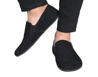 Men Barefoot BLACK SLIP-ON  Leather Shoes, barefoot shoes, Wide Toe Box, yemeni, Handmade, feelground shoes, Zero Drop, Comfotable Shoes