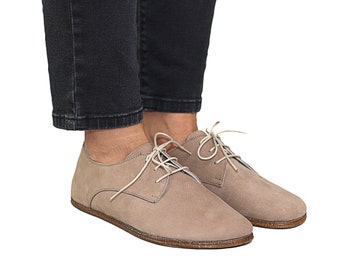 Frauen Zero Drop Oxford Barfuß CREAM NUBUCK Leder handgefertigte Schuhe, natürlich, bunt, Oxford Büffelleder Laufsohle, bequeme Schuhe