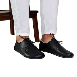 MEN Zero Drop Oxford BLACK SMOOTH Leather, Barefoot Handmade Shoes, Natural, Comfortable, Slip-On 5mm Rubber Outsole, Feelground shoes