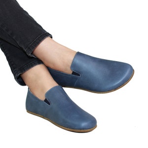Women Barefoot BLUE SLIP-ON Leather Shoes, 5mm Leather Outsole, barefoot shoes, Wide Toe Box, feelground shoes, Zero Drop, Comfotable Shoes