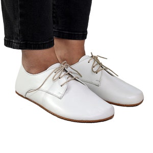 WOMEN Zero Drop Oxford WHITE SMOOTH Leather, Barefoot Handmade Shoes, Natural, Comfortable, Slip-On 5mm Rubber Outsole, Feelground shoes